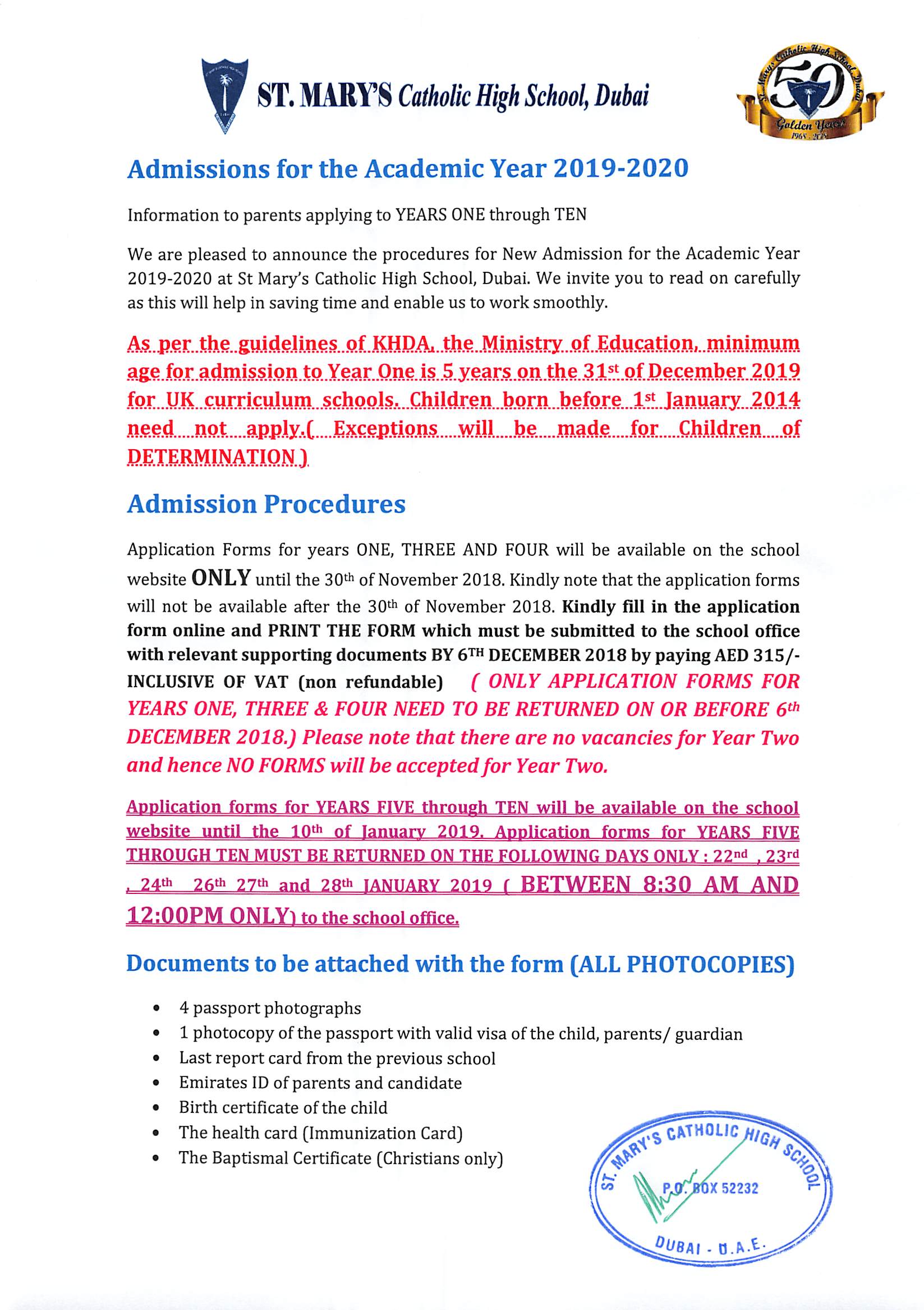 St. Mary's Catholic School Online Application form